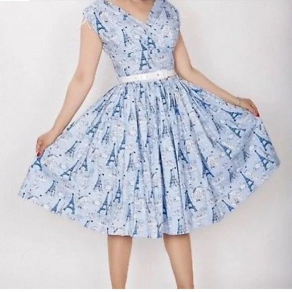 SOLD | ModCloth x Bernie Dexter Blue Sophie Dress Eiffel Tower Poodle SMALL - Picture 5 of 12